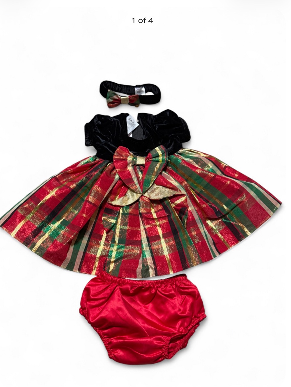 Bonnie Baby Red, Green & Gold Plaid Bow Dress Set